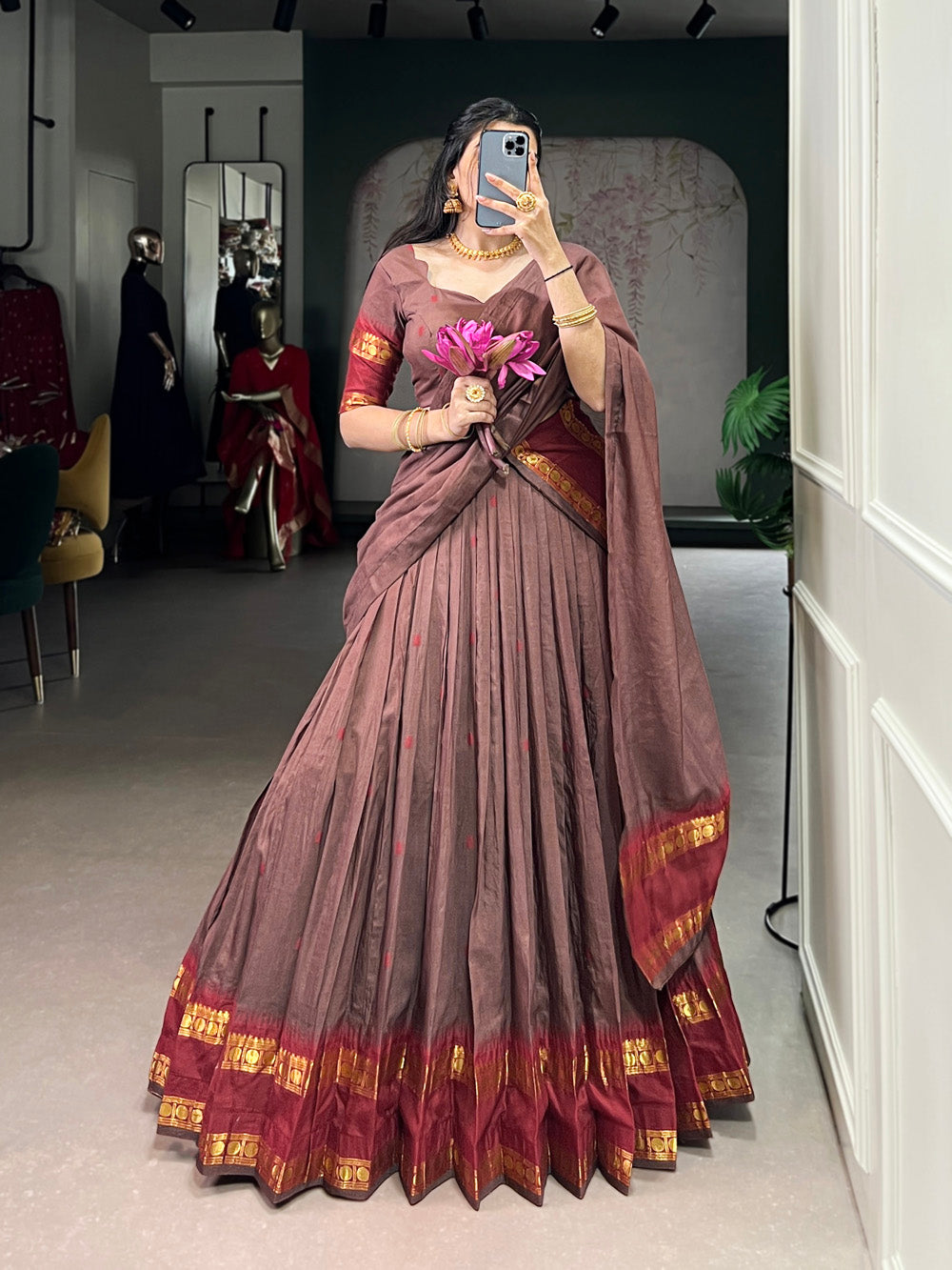 Brown chanderi lehenga choli with zari weaving border 4 meter flair