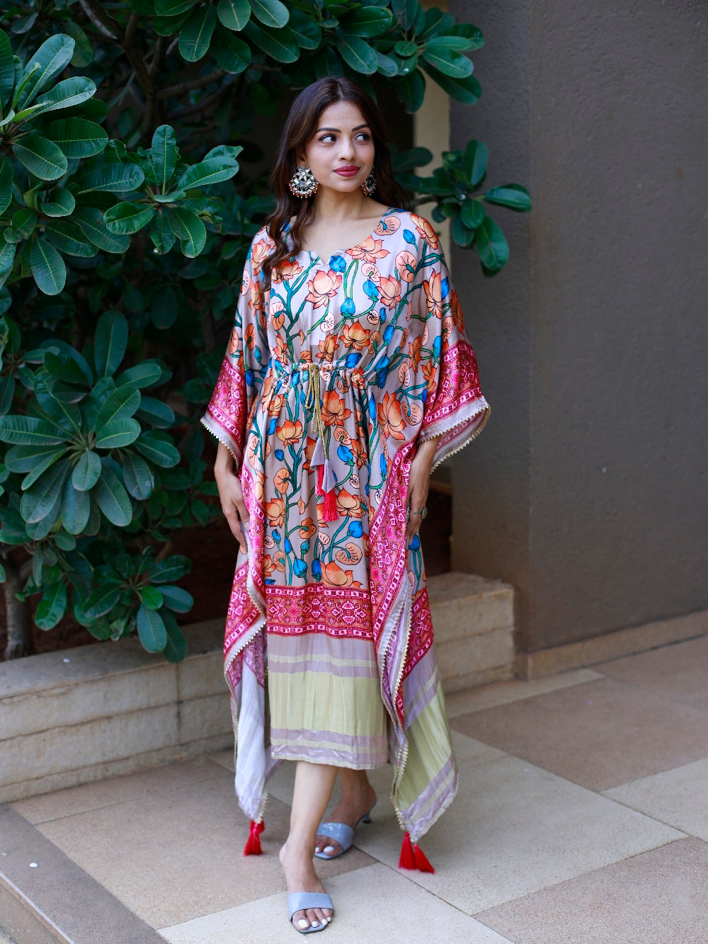 Pink Color Digital Printed Pure Gaji Silk Kaftan