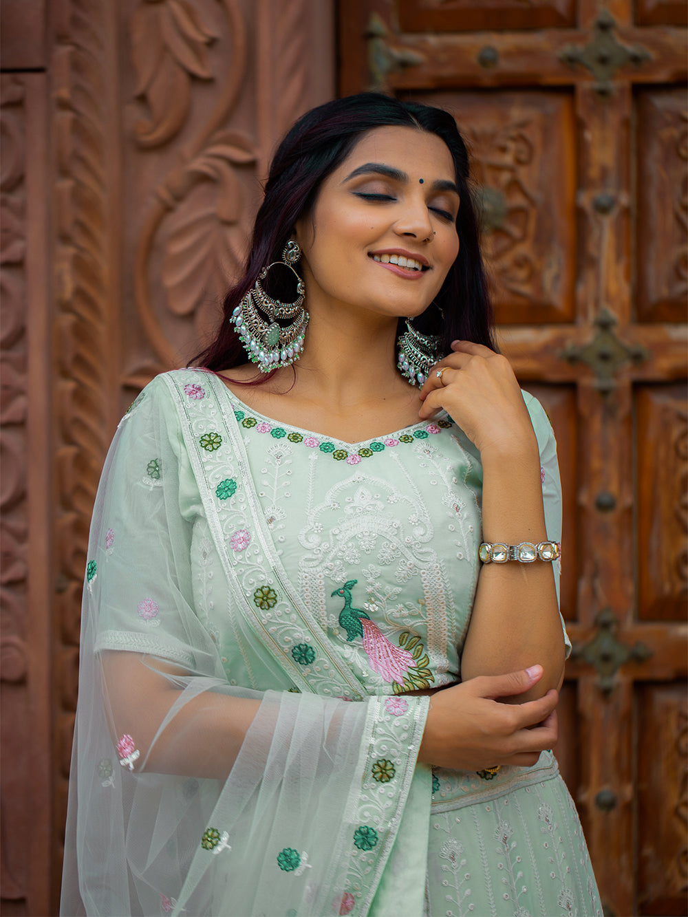 Pista Color Lucknowi Work Georgette Lehenga Choli