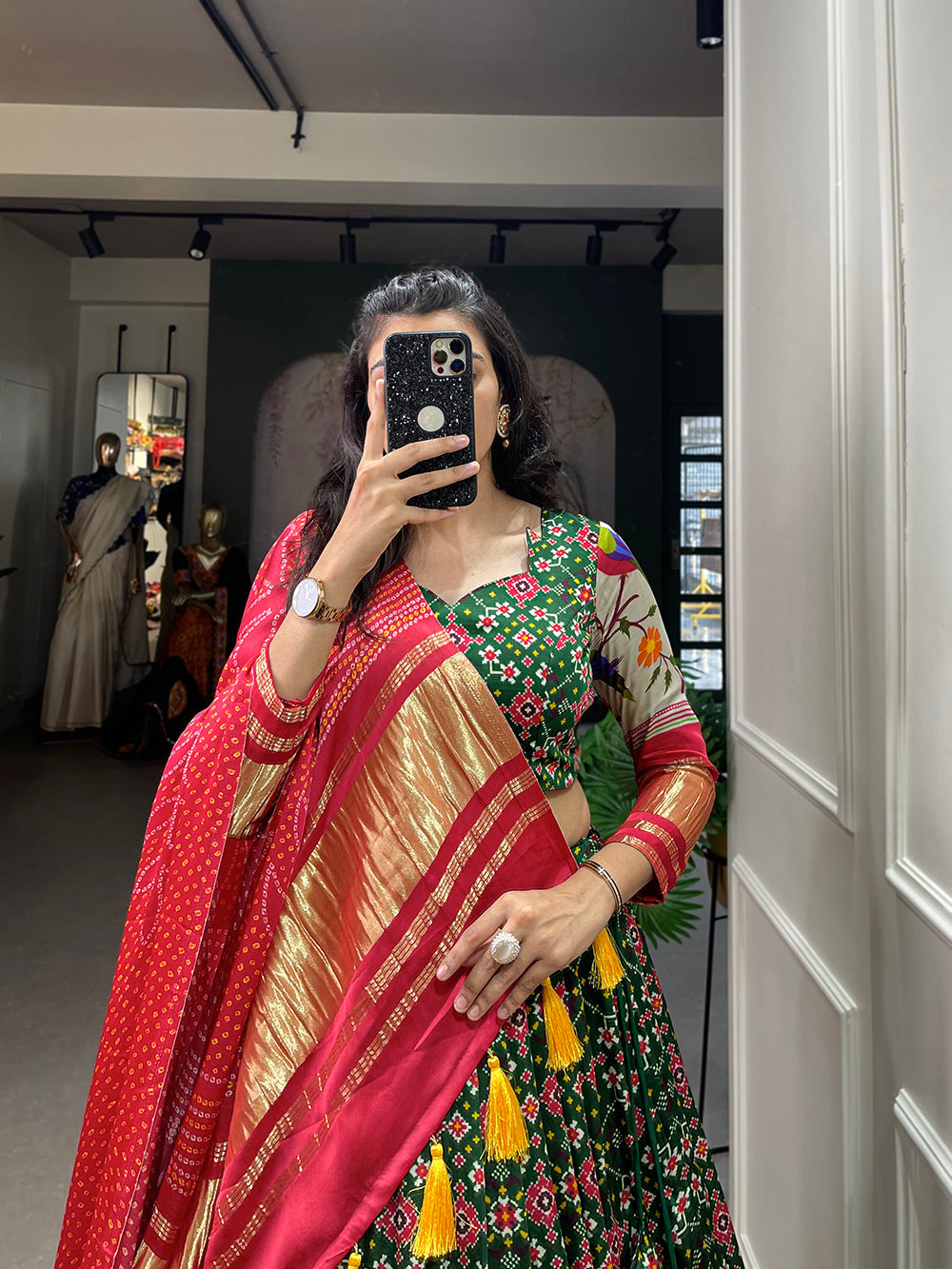 Red Color Digital Printed With Lagadi Patta Gaji Silk Lehenga Choli