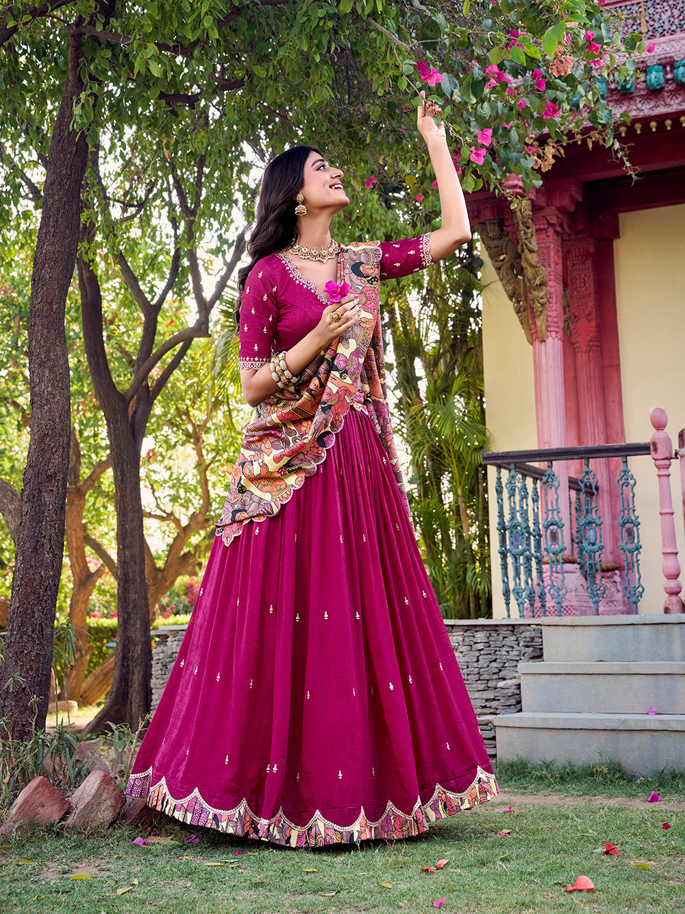 Rose pink vichitra silk lehenga choli with kalamkari scallop border tussar silk dupatta