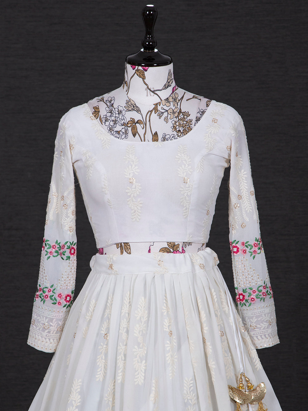 White Color Lucknowi Embroidery Work Georgette Lehenga Set