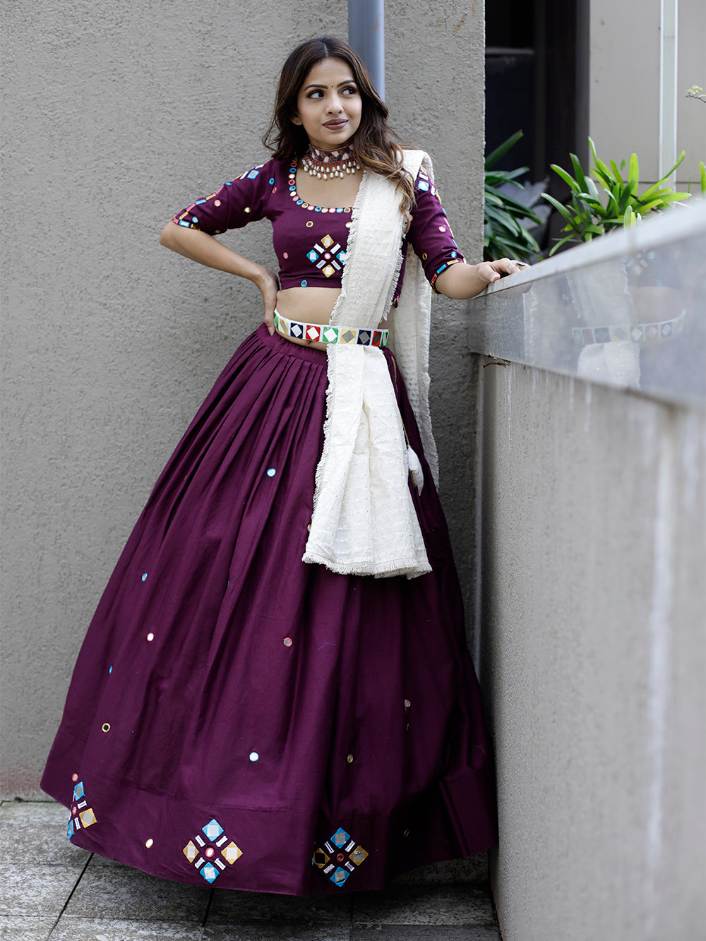 Wine Color Original Mirror Handwork Cotton Lehenga Choli
