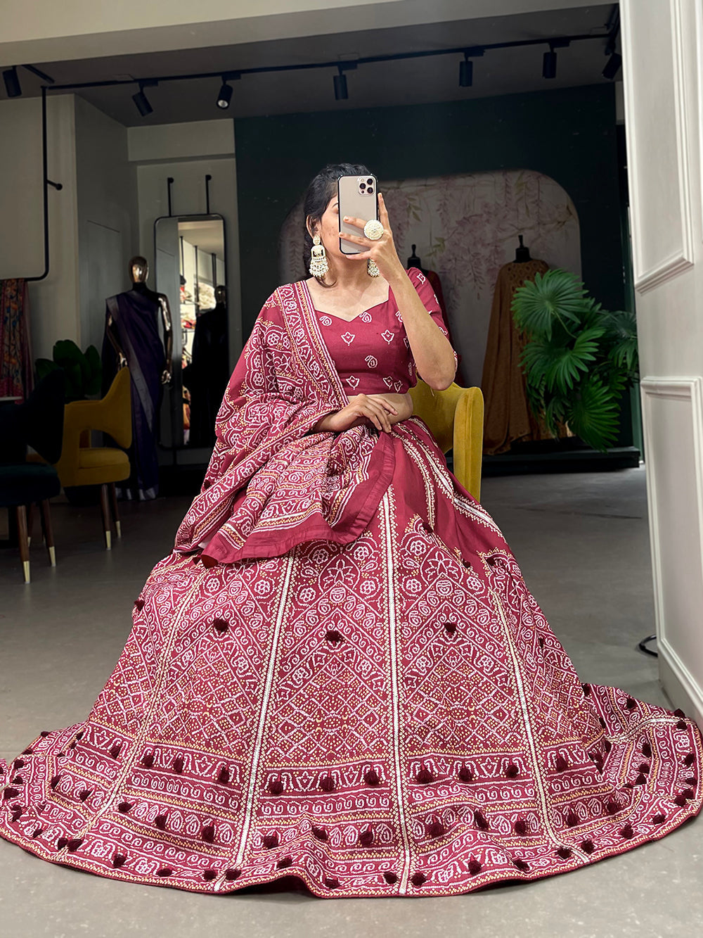 Maroon Color Bandhej Printed With Gota Patti Vaishali Silk Lehenga Choli