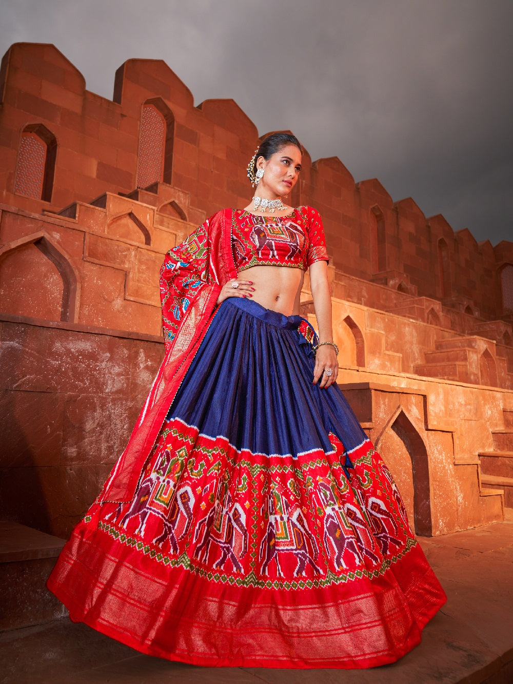 Navy Blue Color Patola Printed Dola Silk Lehenga Choli