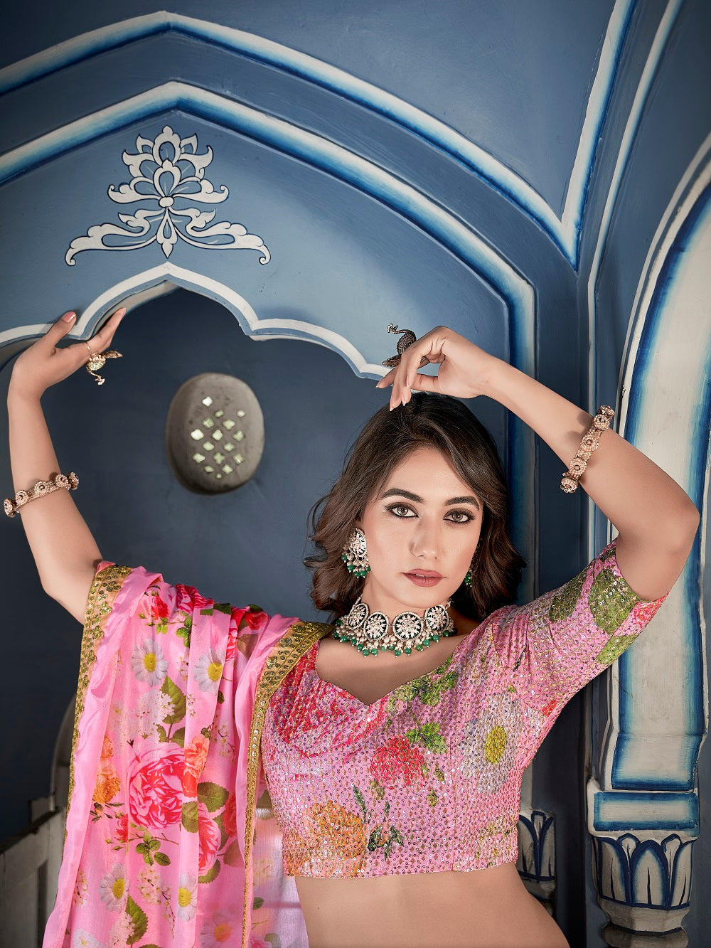 Pink Color Digital Print With Sequins Embroidery Work Crushed Chinon Lehenga Choli