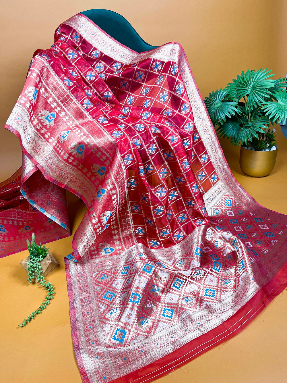 Red Color Weaving Work Organza Saree