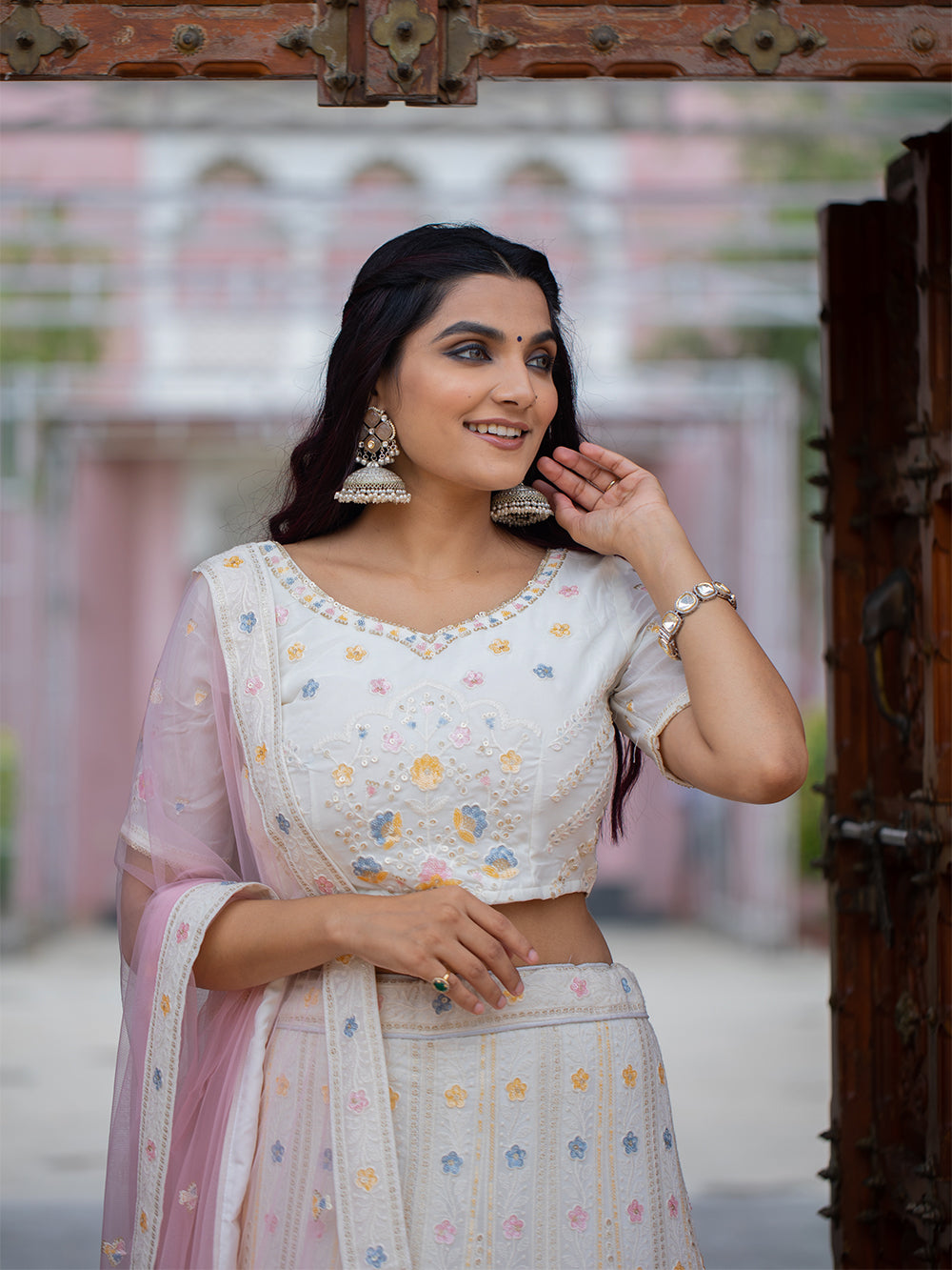 White Color  Lucknowi Work Georgette Chaniya Choli