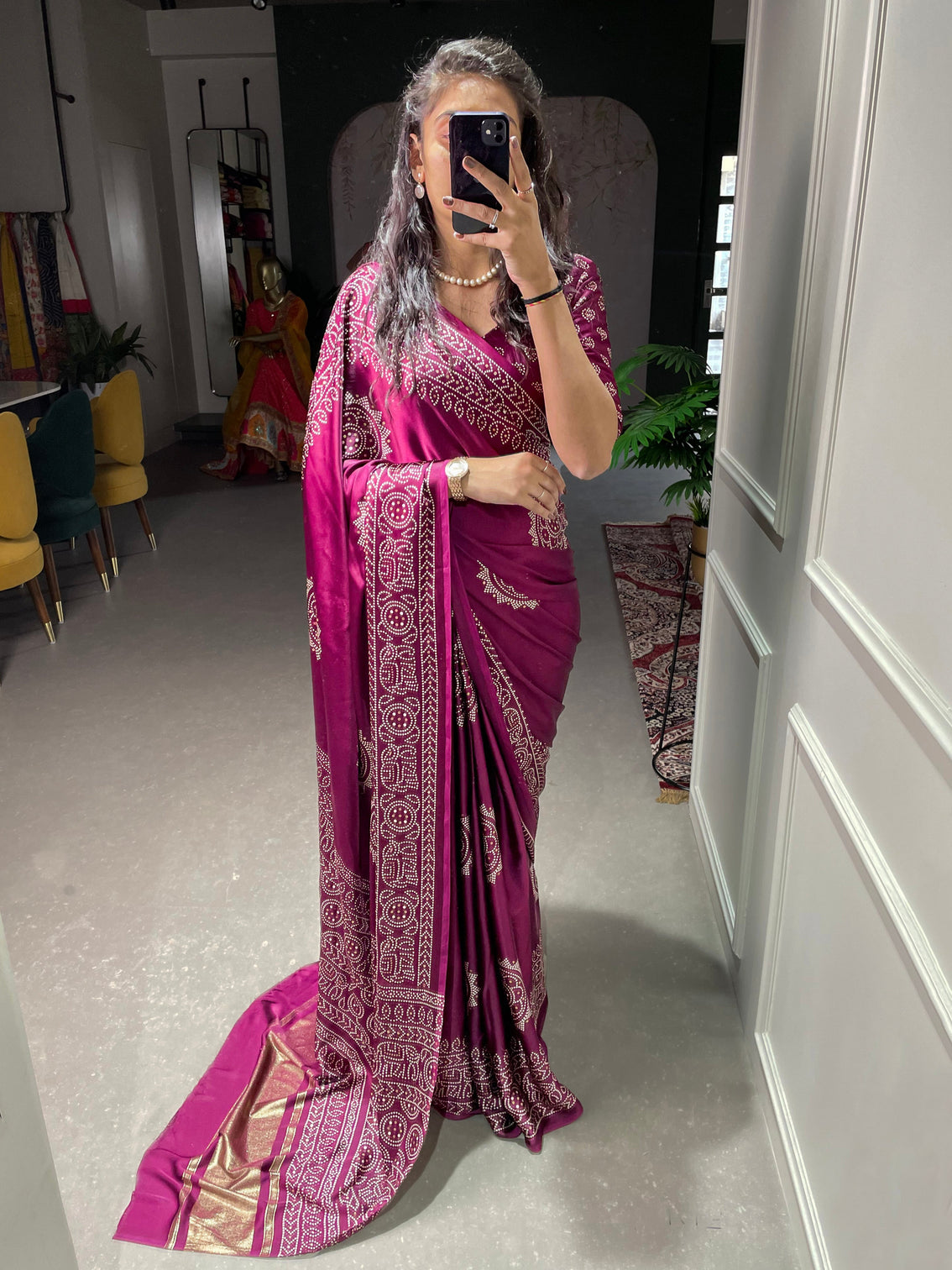 Wine Color Semi Gaji Satin Saree With Foil And Print Work