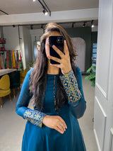 Firozi Color Weaving Work Rangoli Silk Gown Dress