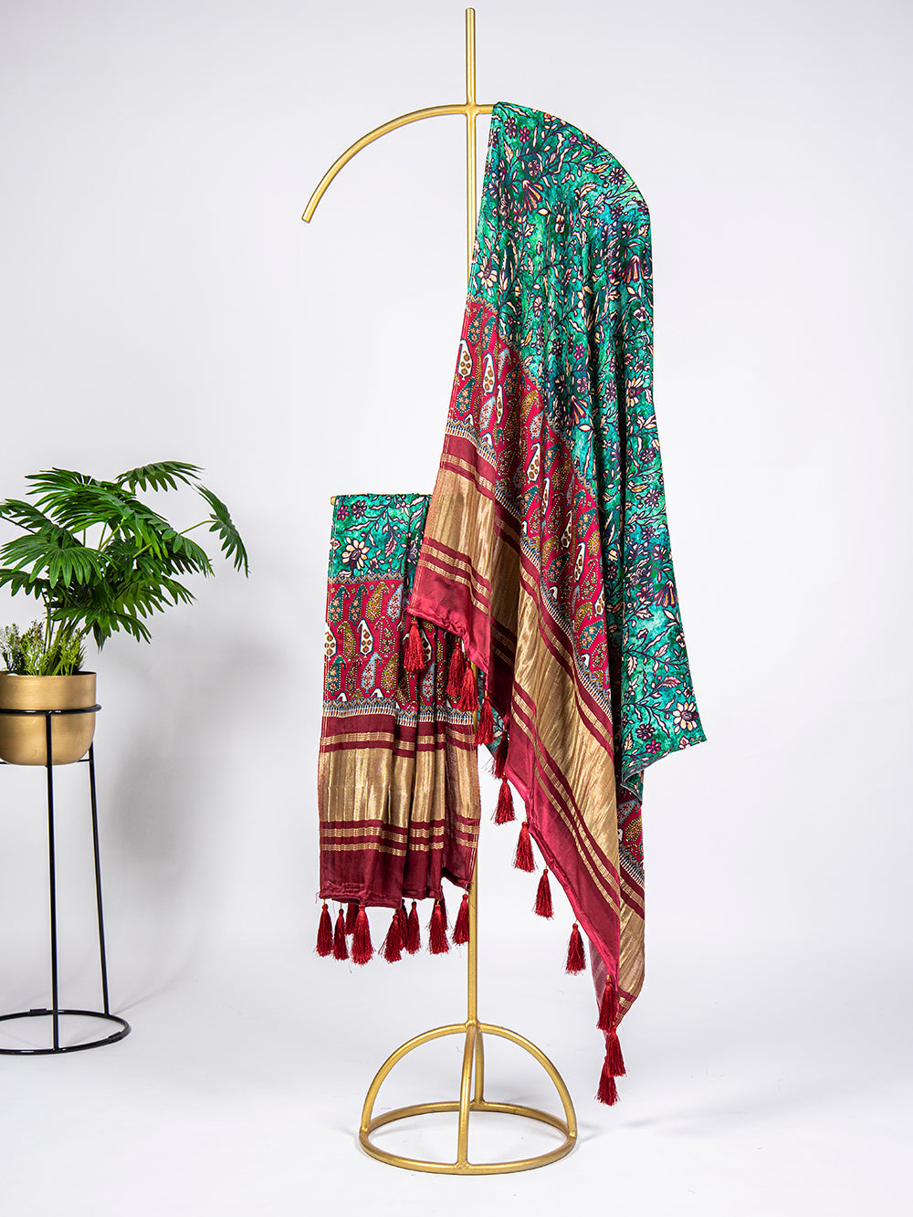 Teal Color Digital Printed Pure Gaji Silk Dupatta With Tassels