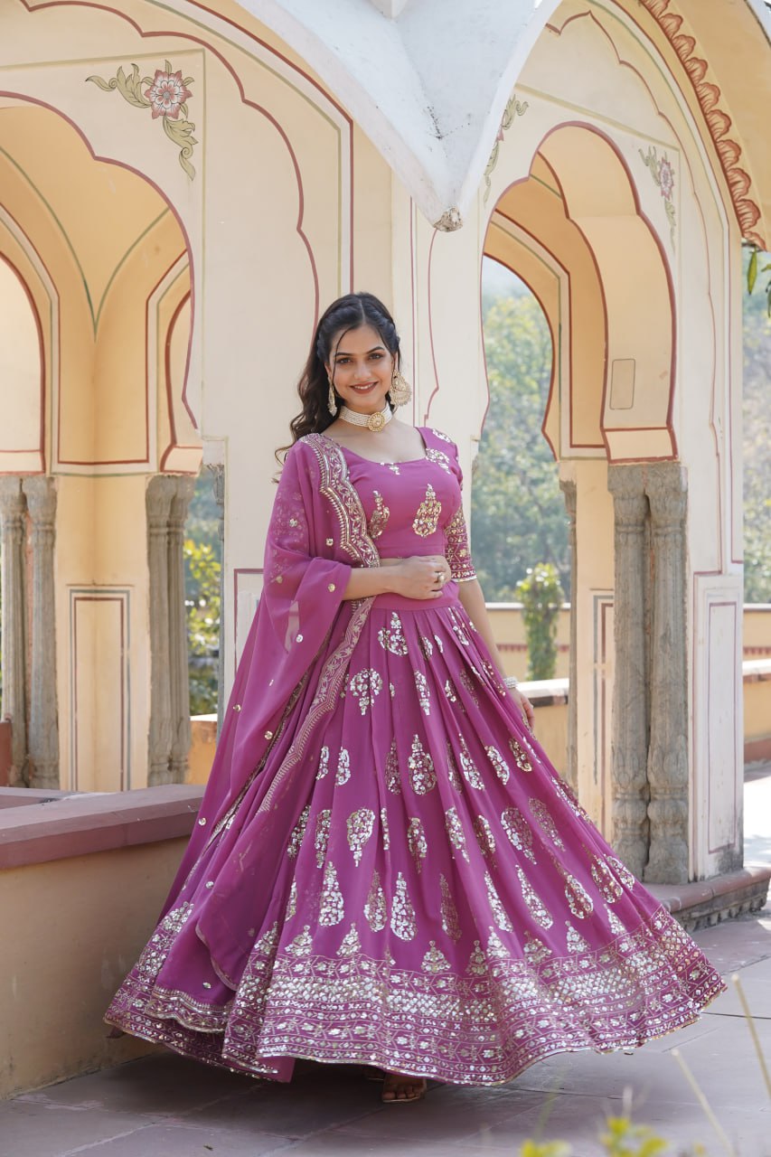 Shimmering Twilight Lavendar Lehenga Choli - Exquisite Sequin Embroidered Faux Georgette