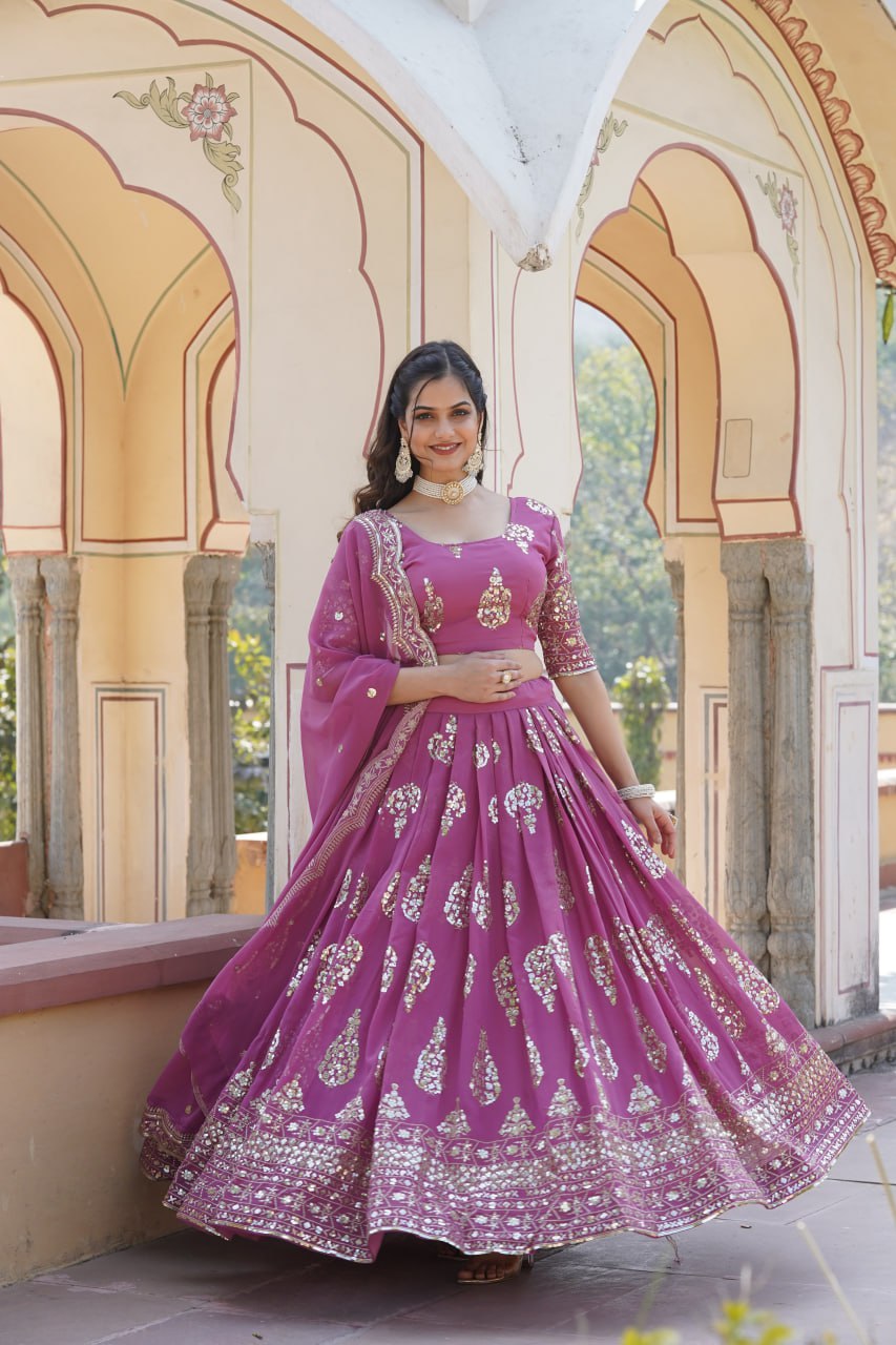 Shimmering Twilight Lavendar Lehenga Choli - Exquisite Sequin Embroidered Faux Georgette