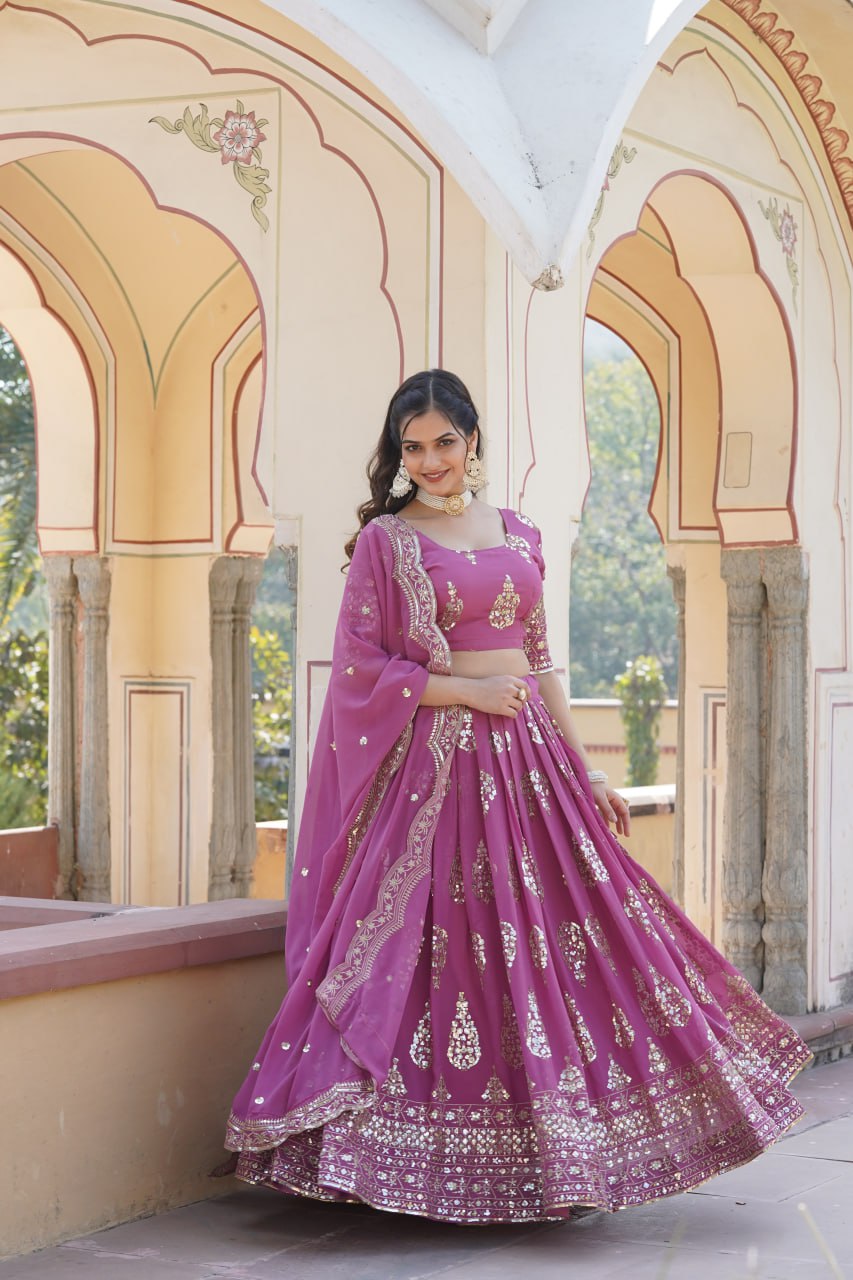 Shimmering Twilight Lavendar Lehenga Choli - Exquisite Sequin Embroidered Faux Georgette