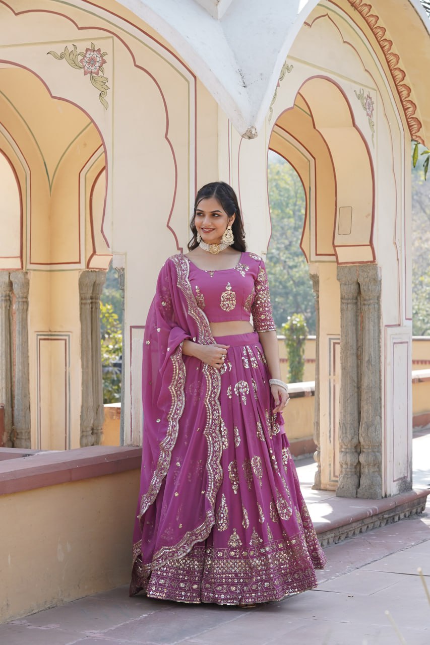 Shimmering Twilight Lavendar Lehenga Choli - Exquisite Sequin Embroidered Faux Georgette