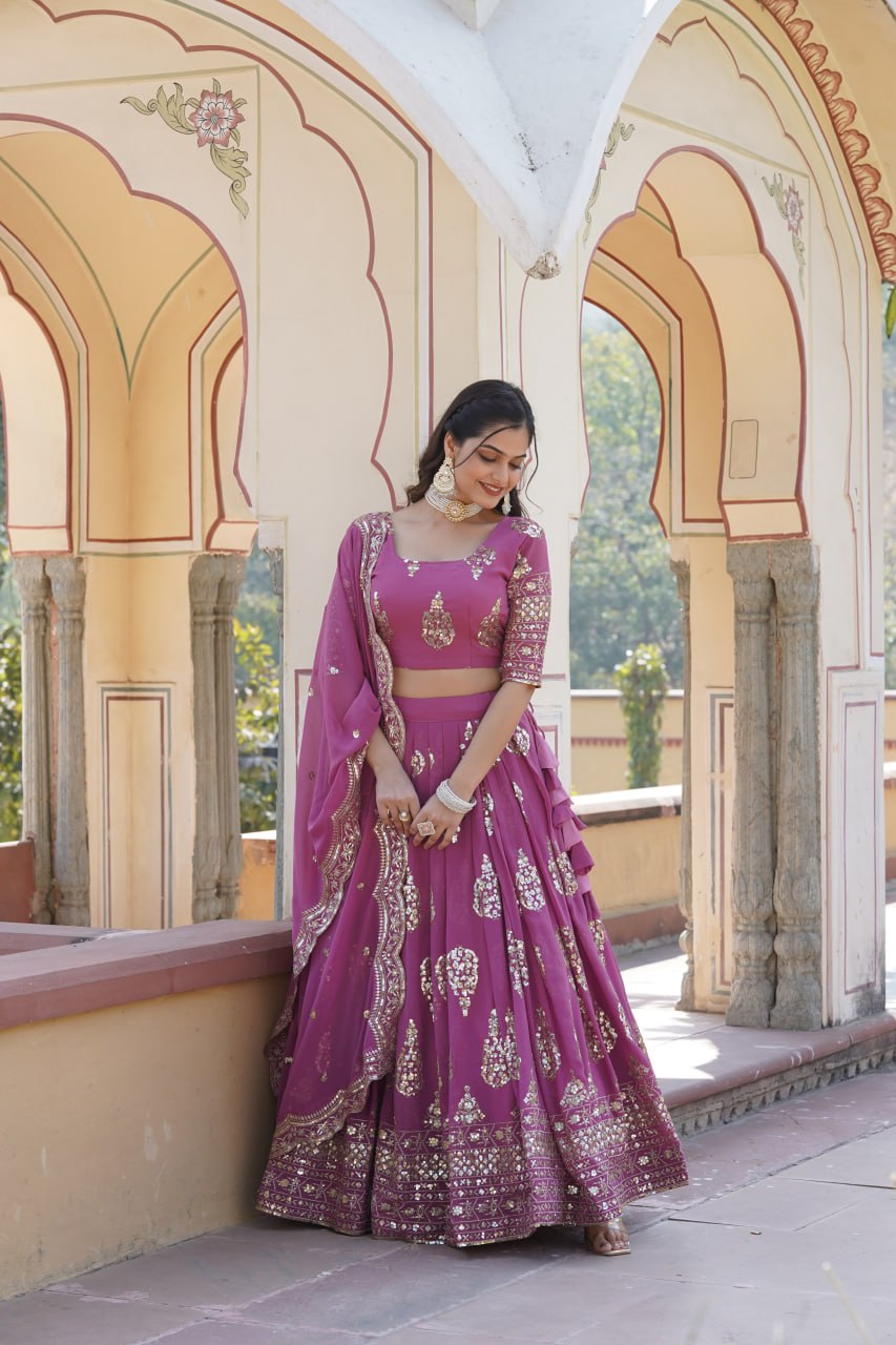 Shimmering Twilight Lavendar Lehenga Choli - Exquisite Sequin Embroidered Faux Georgette