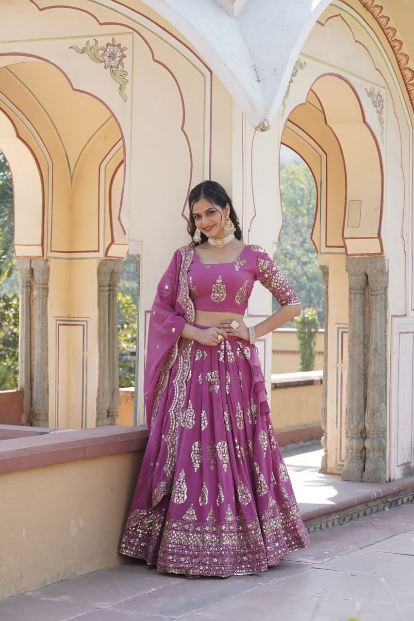 Shimmering Twilight Lavendar Lehenga Choli - Exquisite Sequin Embroidered Faux Georgette