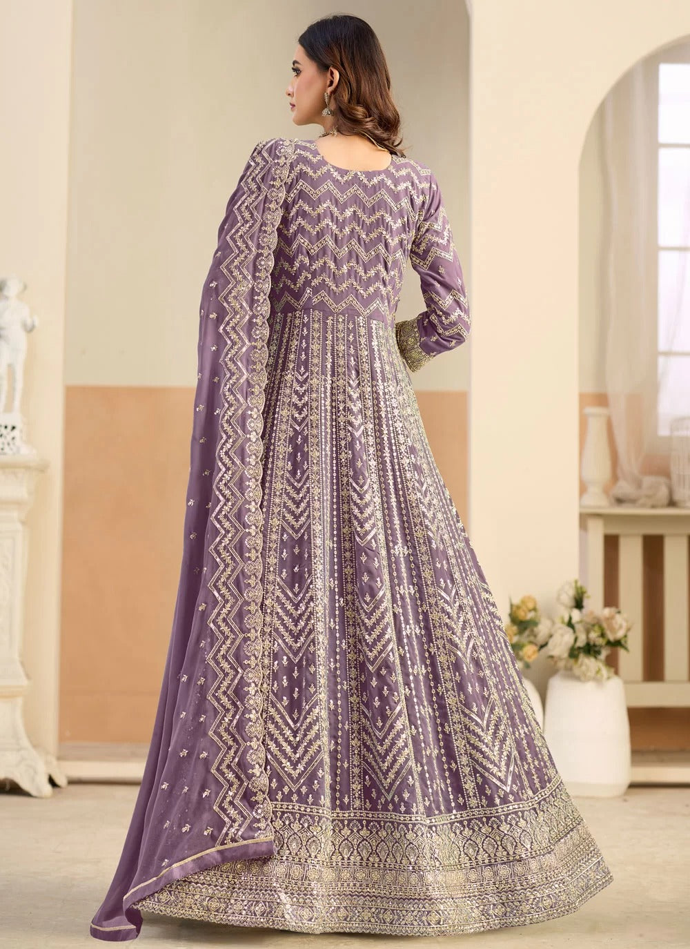 Elegant lavender faux georgette anarkali suit with dual side embroidery