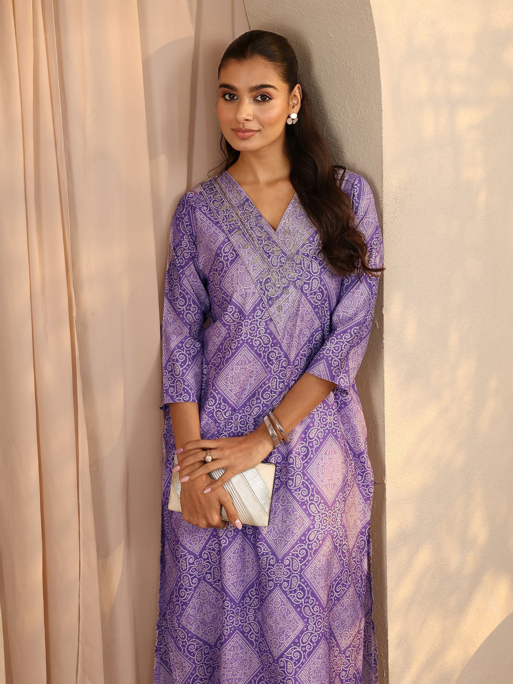 Libas Lavender Bandhani Printed Silk Blend Straight Kurta