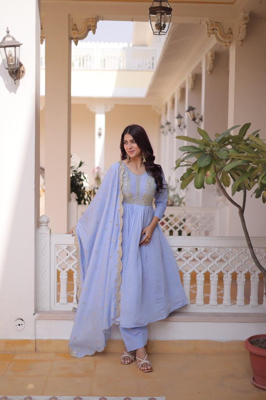 Lavender Chanderi Embroidered Gown Set