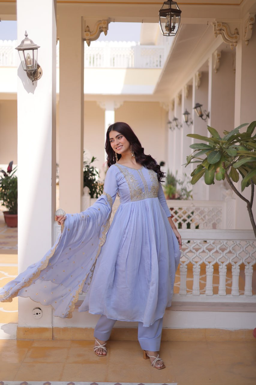 Lavender Chanderi Embroidered Gown Set