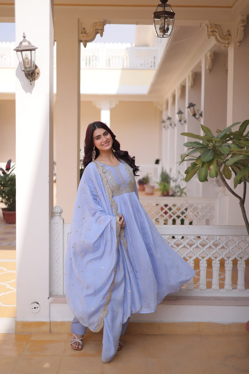Lavender Chanderi Embroidered Gown Set