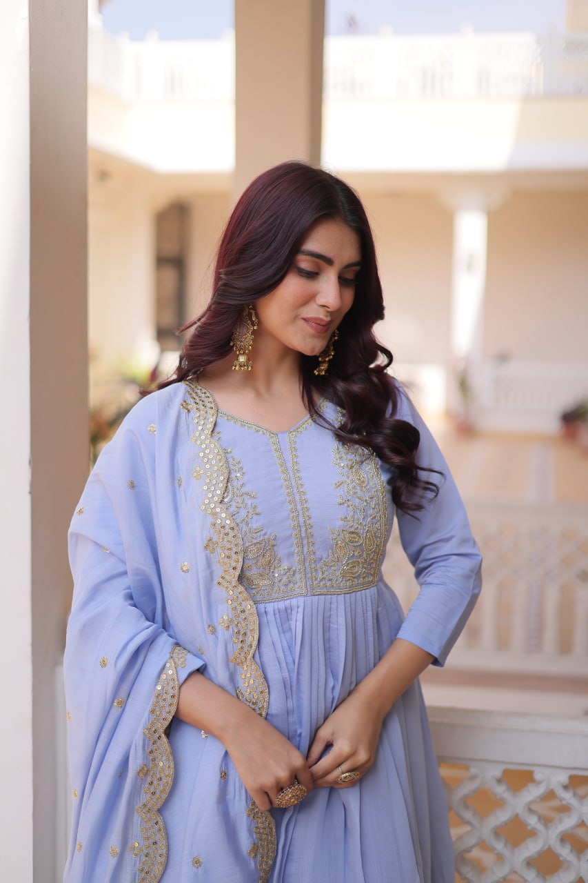 Lavender Chanderi Embroidered Gown Set
