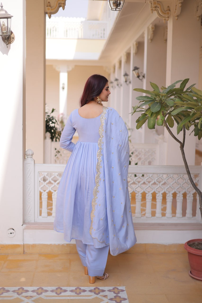 Lavender Chanderi Embroidered Gown Set