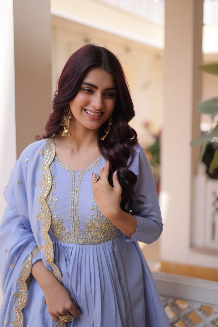 Lavender Chanderi Embroidered Gown Set