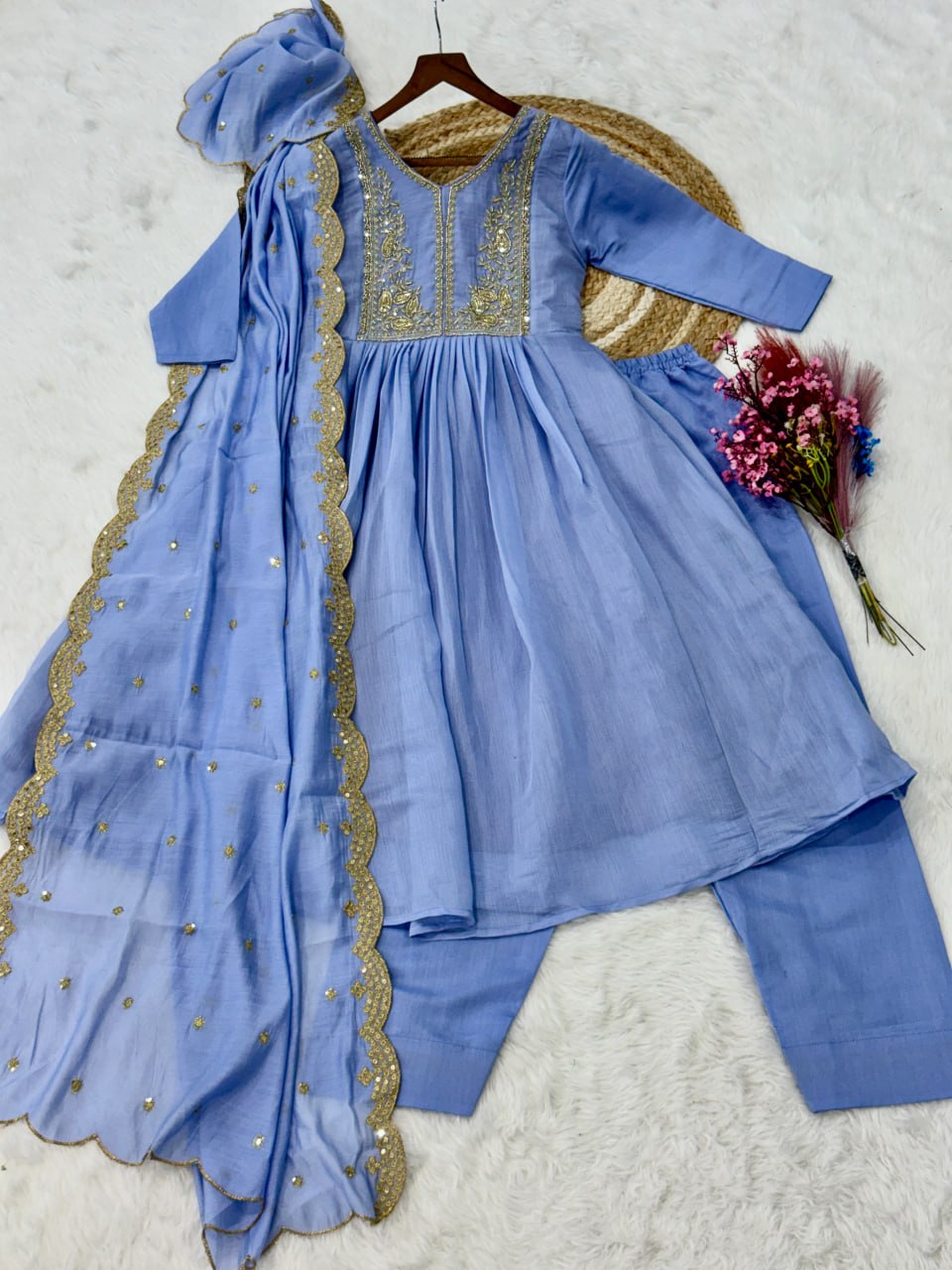 Lavender Chanderi Embroidered Gown Set
