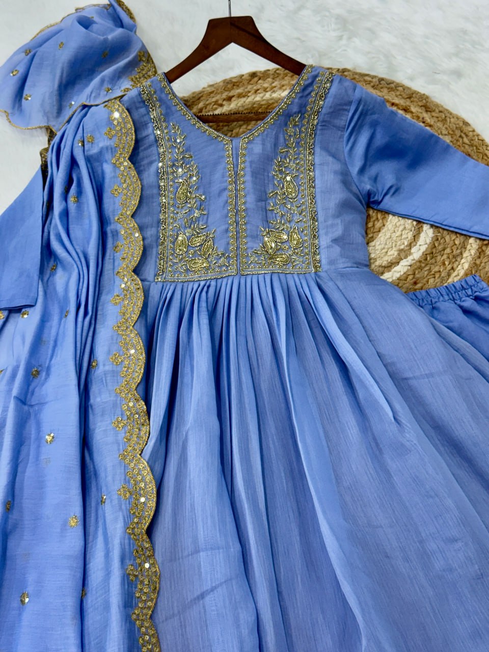 Lavender Chanderi Embroidered Gown Set