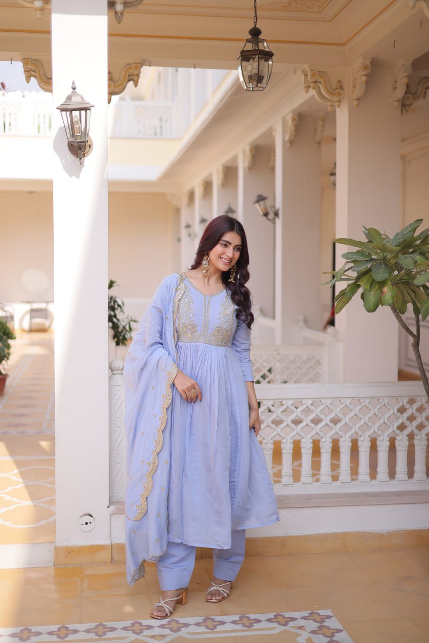Lavender Chanderi Embroidered Gown Set