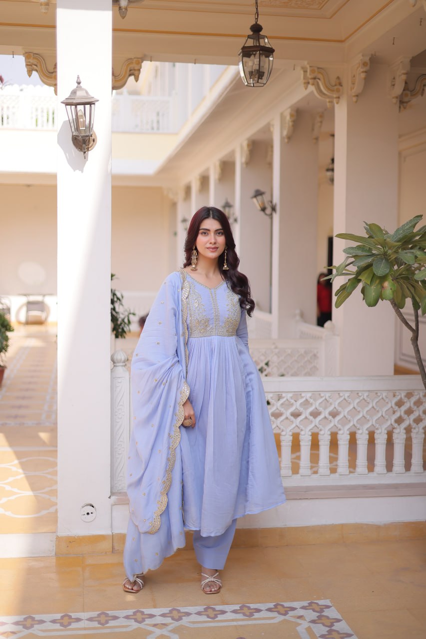 Lavender Chanderi Embroidered Gown Set