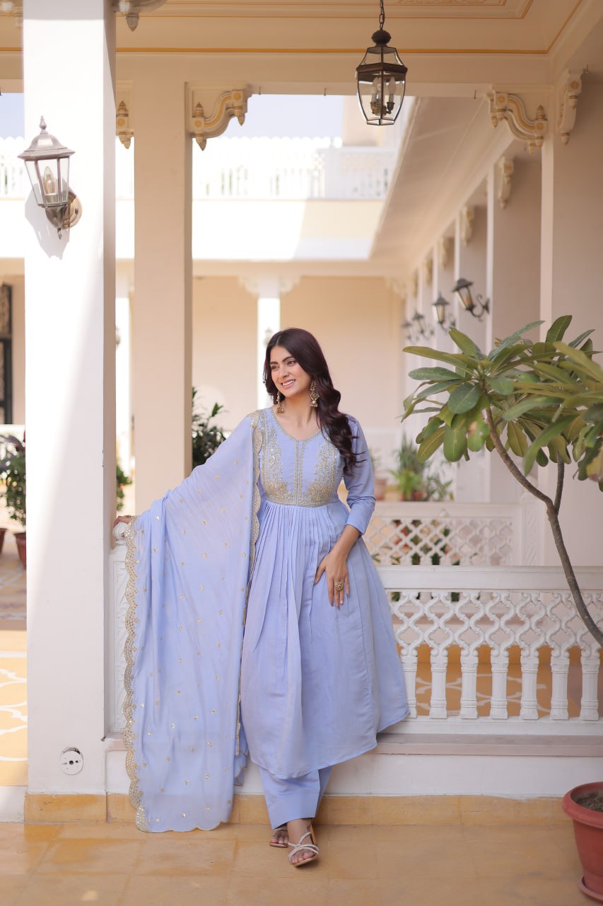 Lavender Chanderi Embroidered Gown Set
