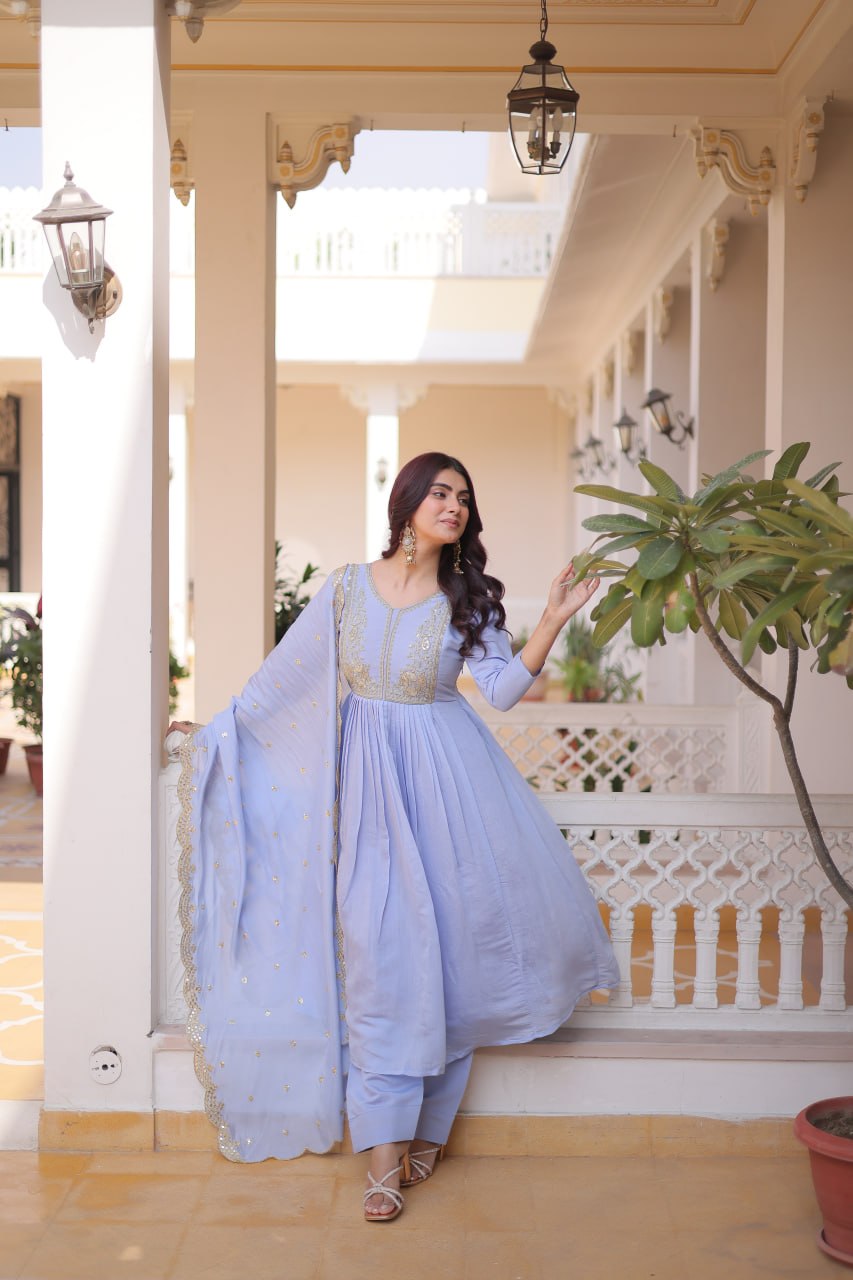 Lavender Chanderi Embroidered Gown Set
