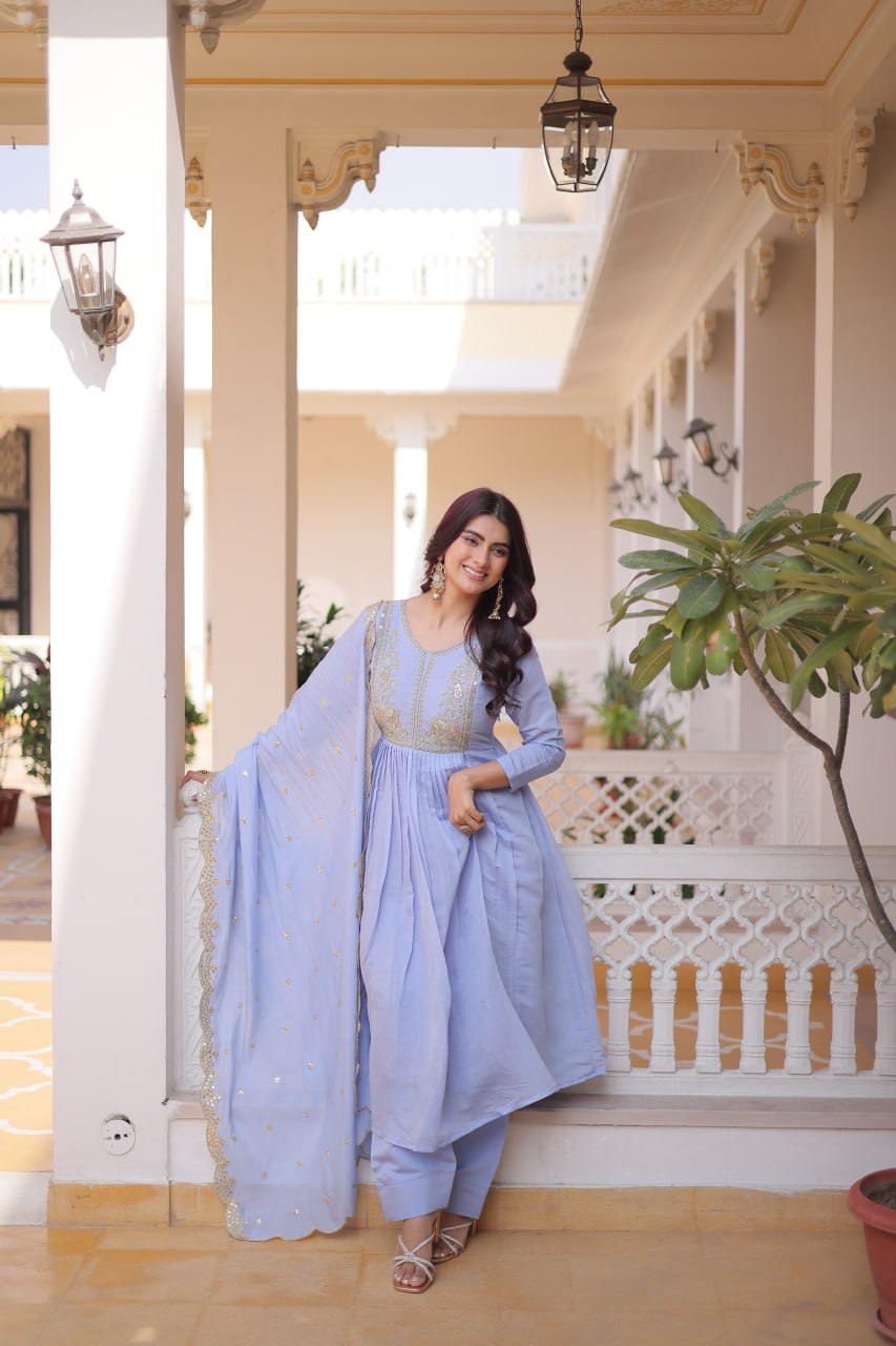 Lavender Chanderi Embroidered Gown Set