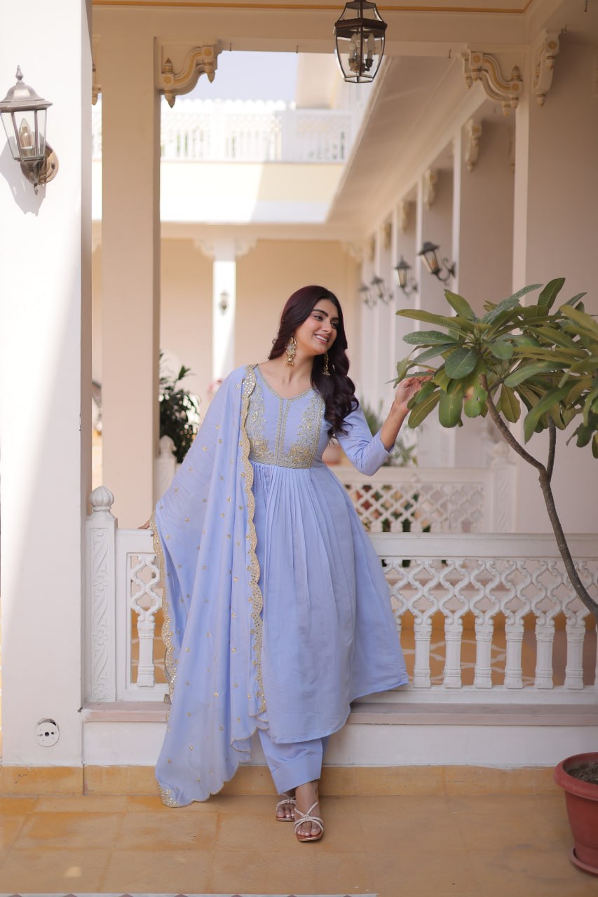Lavender Chanderi Embroidered Gown Set