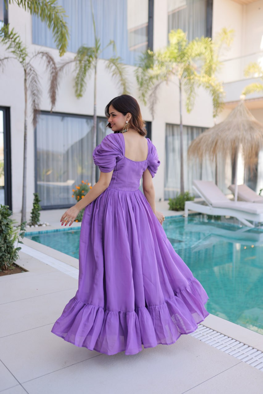 Lavender Chanderi Gown with Cap Sleeves