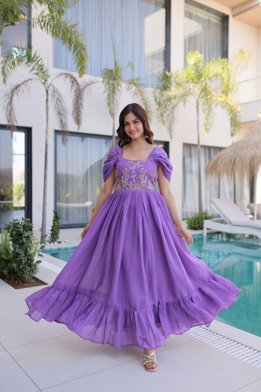 Lavender Chanderi Gown with Cap Sleeves