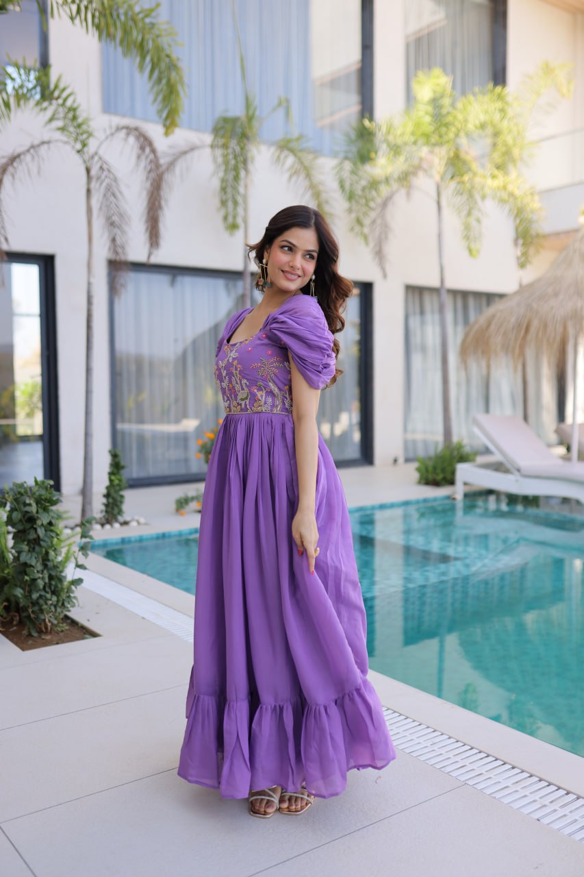 Lavender Chanderi Gown with Cap Sleeves