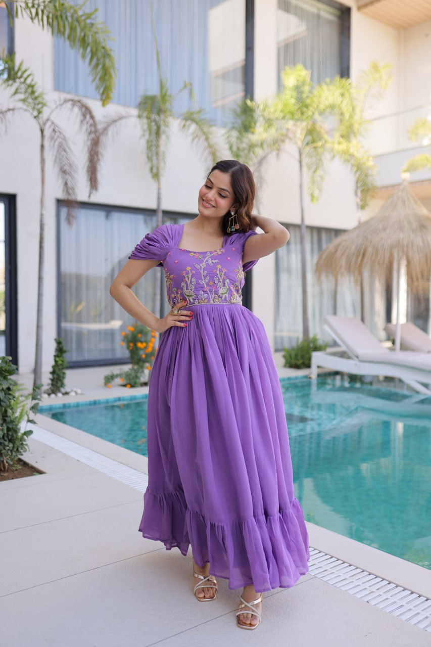 Lavender Chanderi Gown with Cap Sleeves
