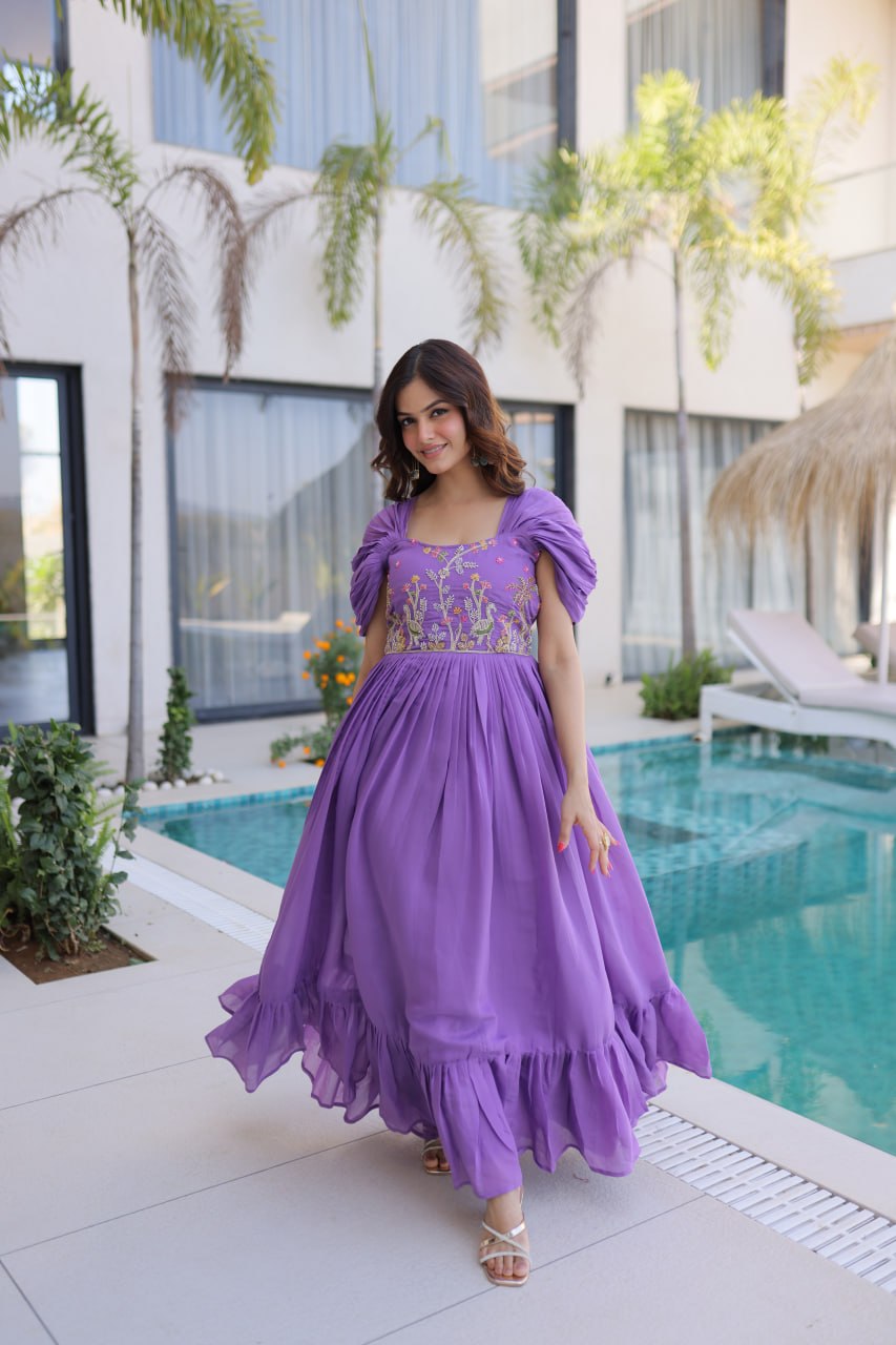Lavender Chanderi Gown with Cap Sleeves