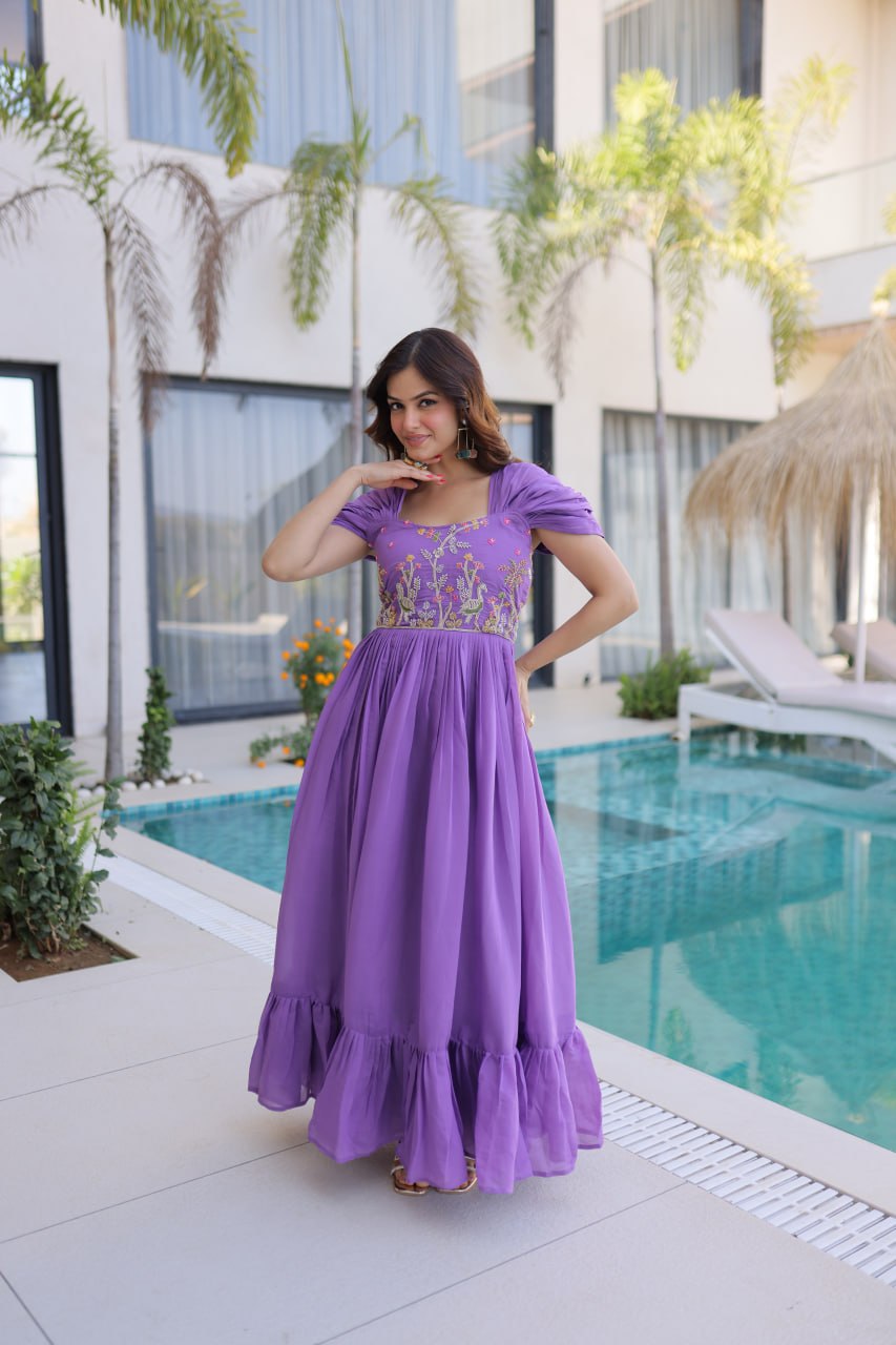 Lavender Chanderi Gown with Cap Sleeves