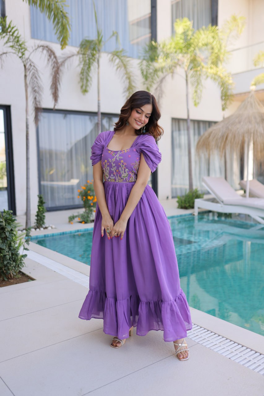 Lavender Chanderi Gown with Cap Sleeves