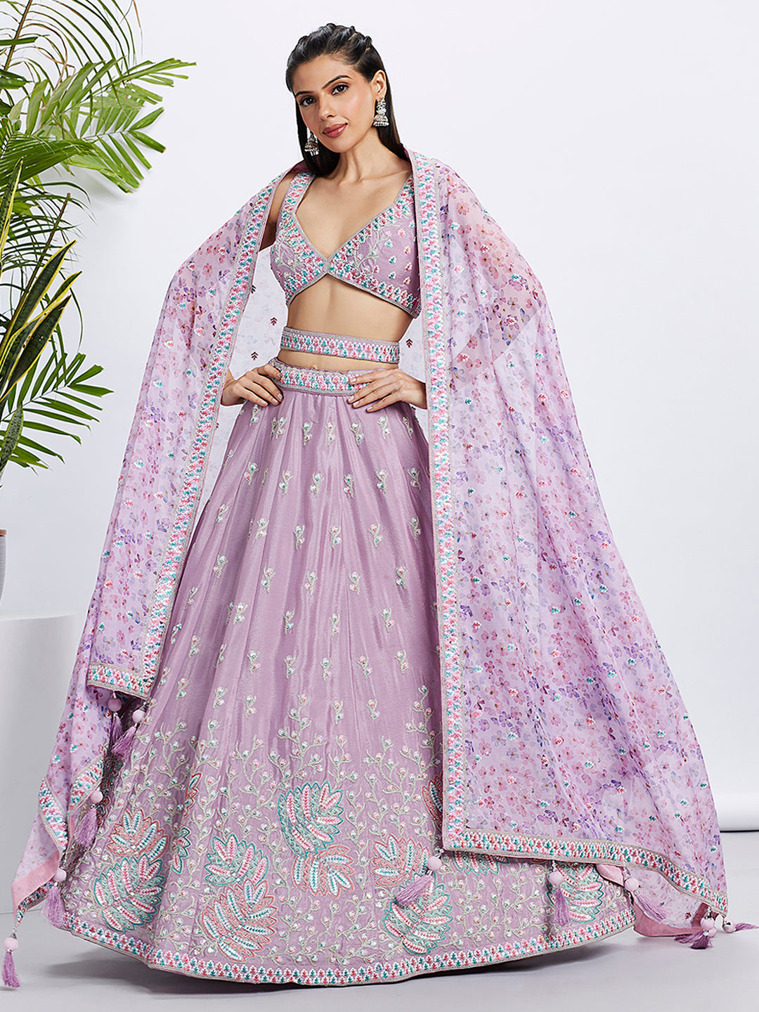 Lavender Chiffon Lehenga Choli Set with Sequins & Embroidery