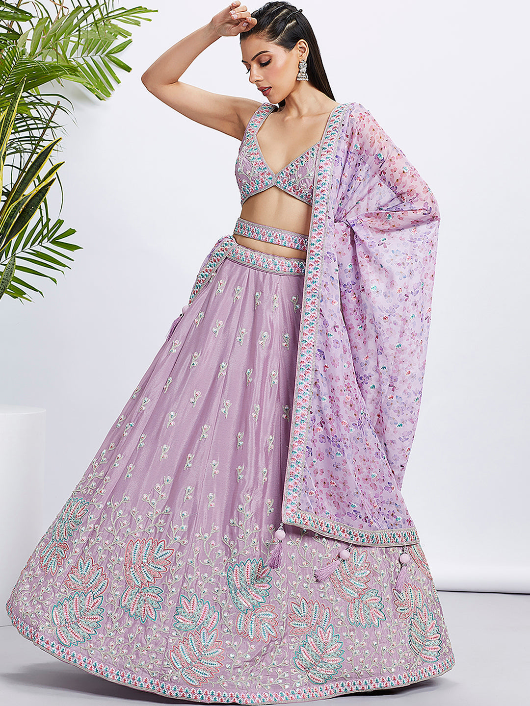 Lavender Chiffon Lehenga Choli Set with Sequins & Embroidery