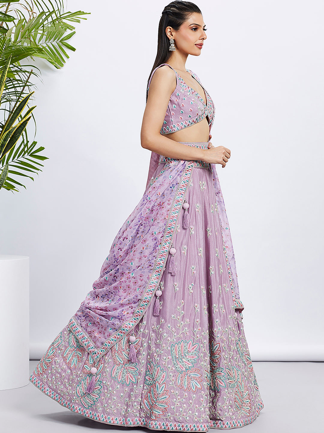 Lavender Chiffon Lehenga Choli Set with Sequins & Embroidery