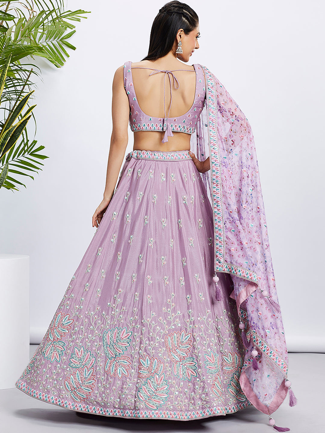 Lavender Chiffon Lehenga Choli Set with Sequins & Embroidery