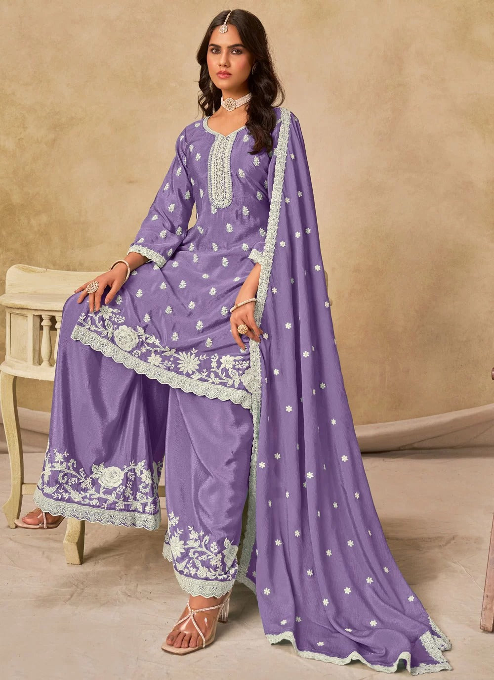Lavender chinnon silk embroidered stylish palazzo suit for women