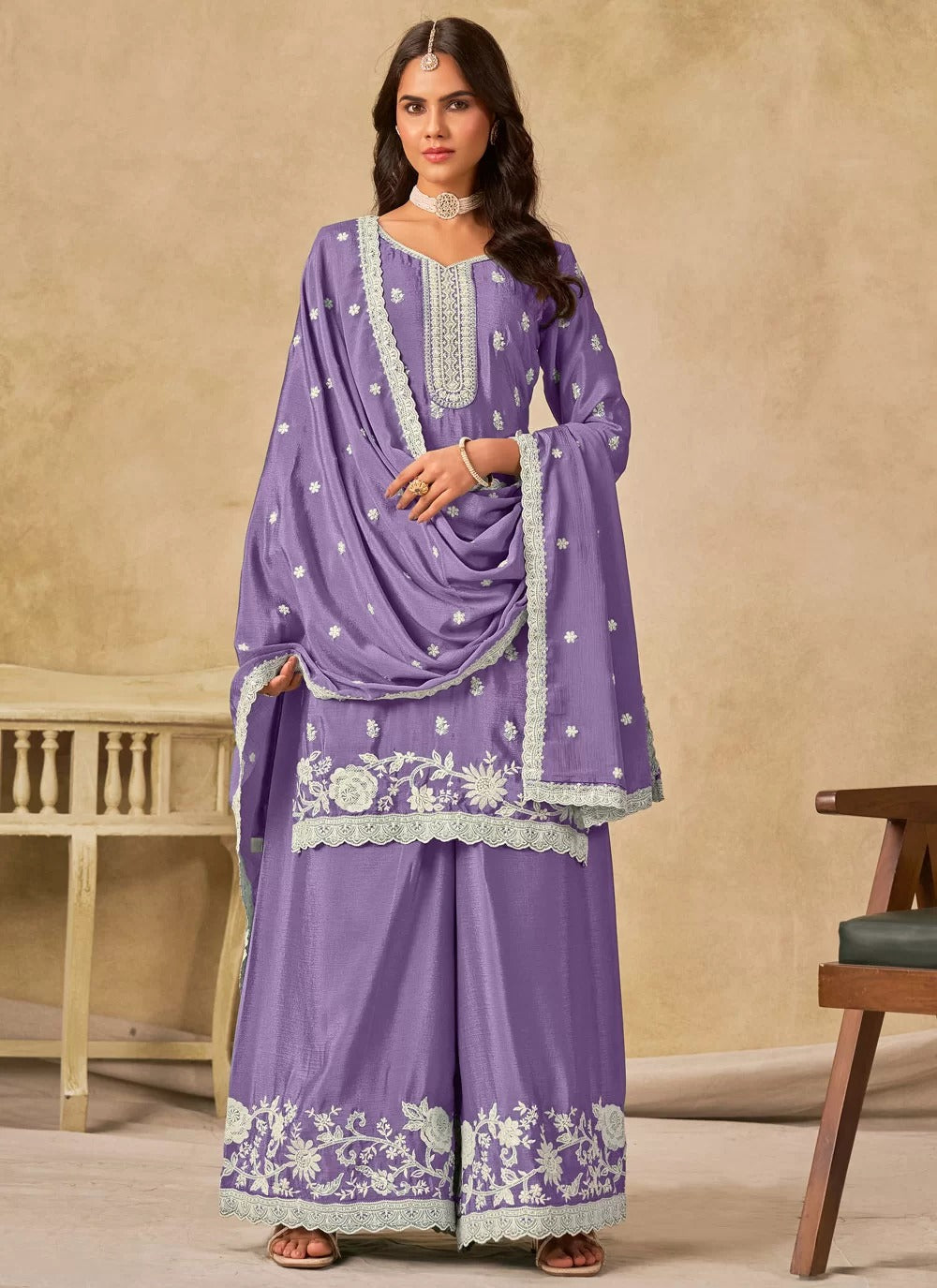 Lavender chinnon silk embroidered stylish palazzo suit for women